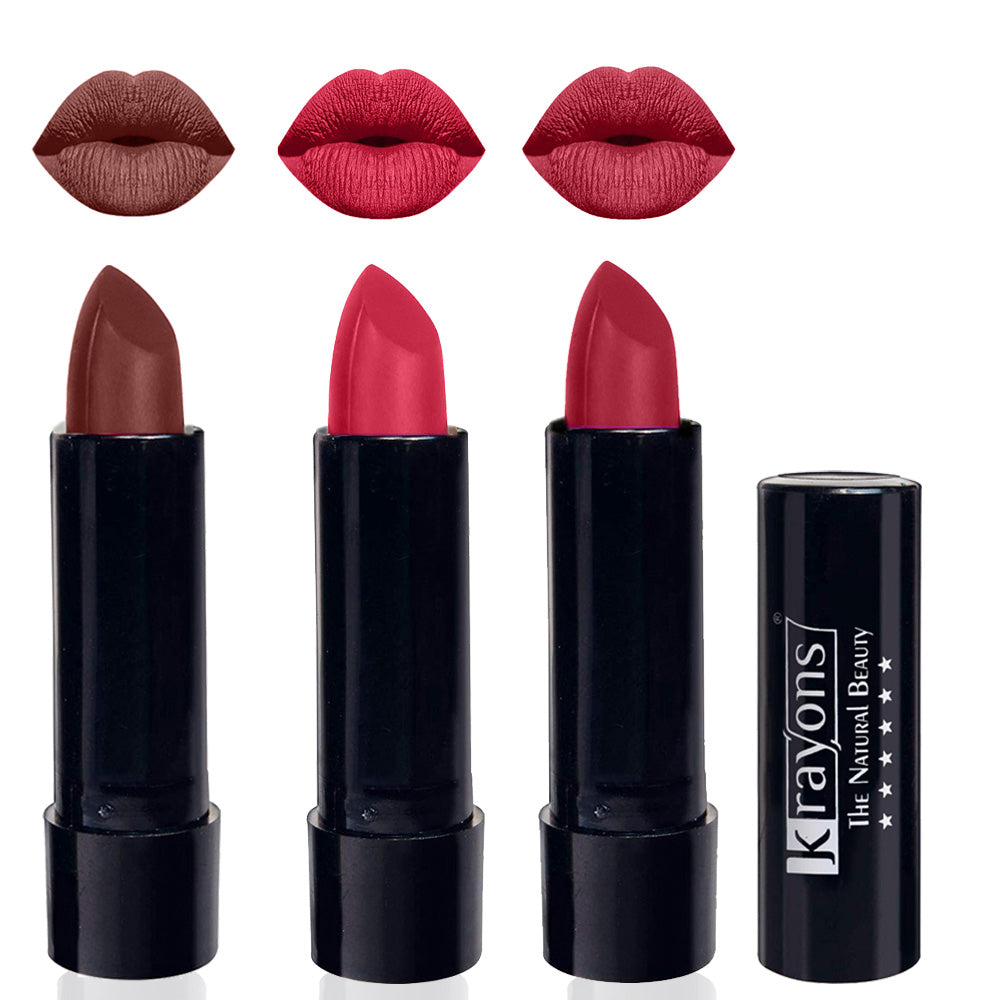 Krayons Cute Matte Lipstick, Waterproof, Longlasting, 3.5gm Each, Pack of 3 (Brick Tone, First Crush, Orange Tango)