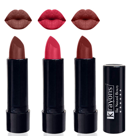 Krayons Cute  Matte Lipstick, Waterproof, Longlasting, 3.5gm Each, Pack of 3 (Brick Tone, First Crush, Cherry Maroon)