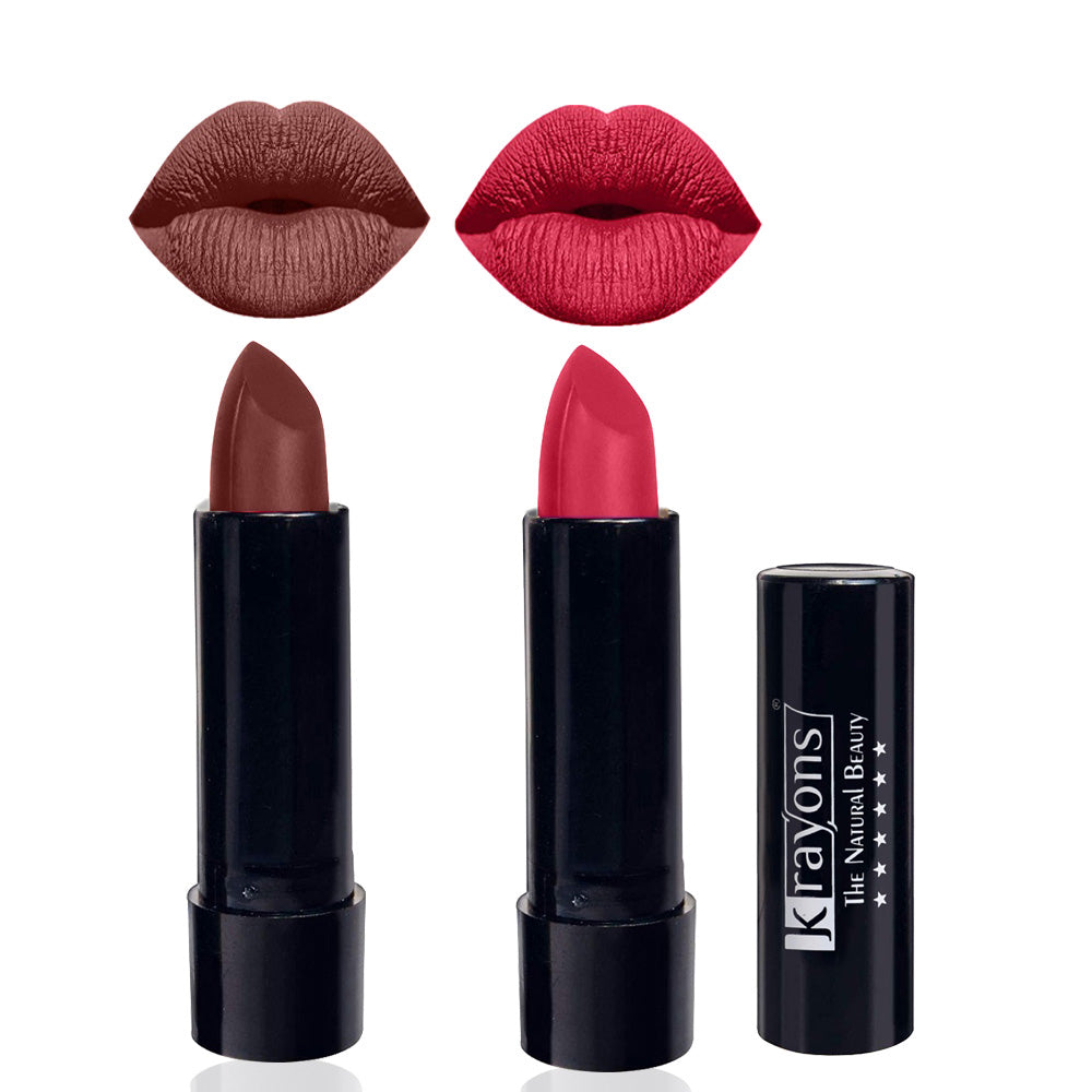 Krayons Cute Matte Lipstick, Waterproof, Longlasting, 3.5gm Each, Pack of 2 (Brick Tone, First Crush)