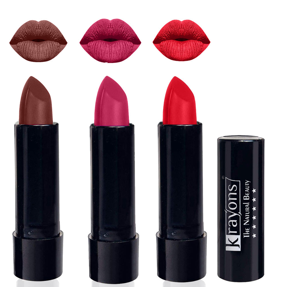 Krayons Cute Matte Lipstick, Waterproof, Longlasting, 3.5gm Each, Pack of 3 (Brick Tone, Angel Pink, Orange Crush)
