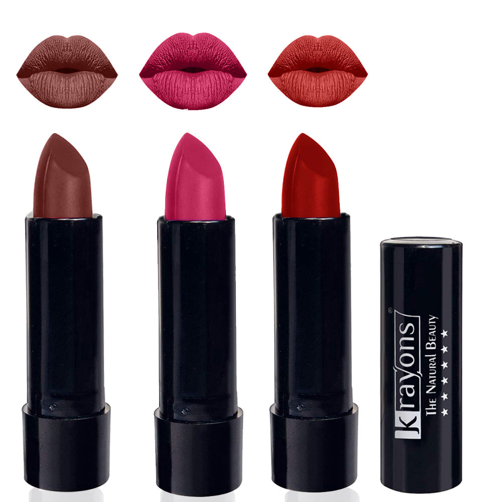 Krayons Cute Matte Lipstick, Waterproof, Longlasting, 3.5gm Each, Pack of 3 (Brick Tone, Angel Pink, Centre Stage)