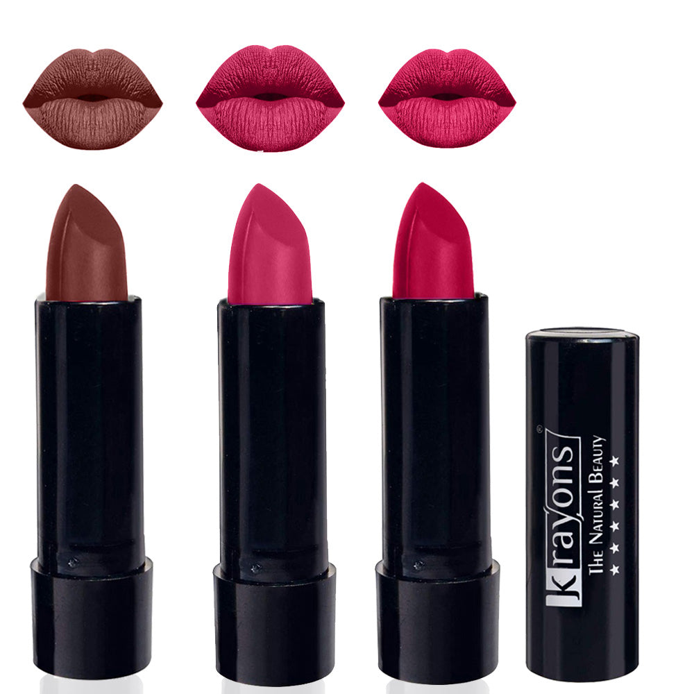 Krayons Cute Matte Lipstick, Waterproof, Longlasting, 3.5gm Each, Pack of 3 (Brick Tone, Angel Pink, Pink Lips)