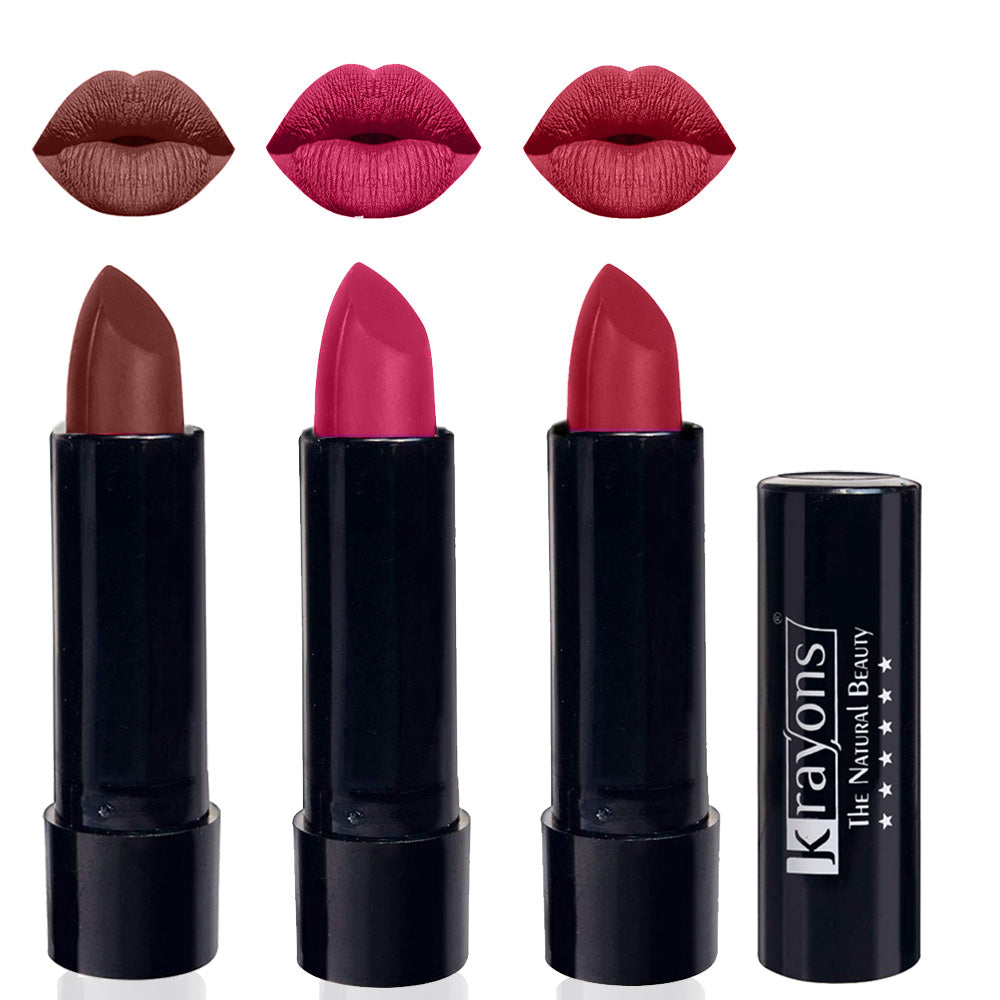 Krayons Cute Matte Lipstick, Waterproof, Longlasting, 3.5gm Each, Pack of 3 (Brick Tone, Angel Pink, Orange Tango)