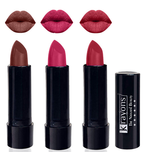 Krayons Cute  Matte Lipstick, Waterproof, Longlasting, 3.5gm Each, Pack of 3 (Brick Tone, Angel Pink, Orange Tango)