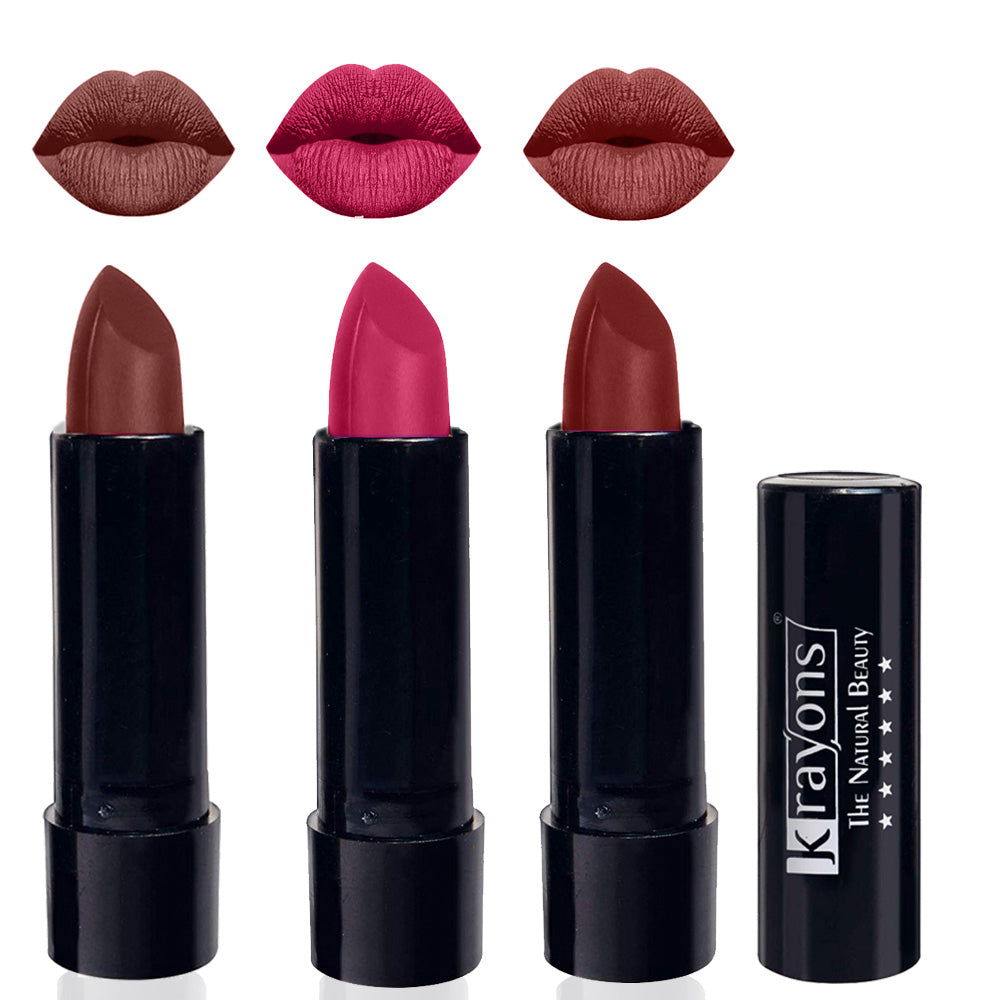 Krayons Cute Matte Lipstick, Waterproof, Longlasting, 3.5gm Each, Pack of 3 (Brick Tone, Angel Pink, Cherry Maroon)
