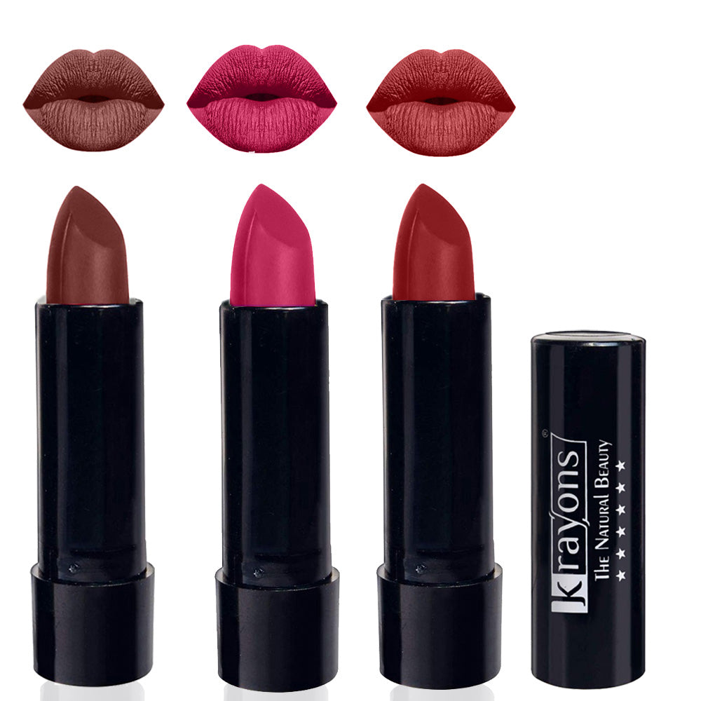 Krayons Cute Matte Lipstick, Waterproof, Longlasting, 3.5gm Each, Pack of 3 (Brick Tone, Angel Pink, Signal Red)