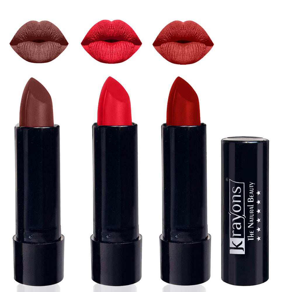 Krayons Cute Matte Lipstick, Waterproof, Longlasting, 3.5gm Each, Pack of 3 (Brick Tone, Orange Crush, Centre Stage)