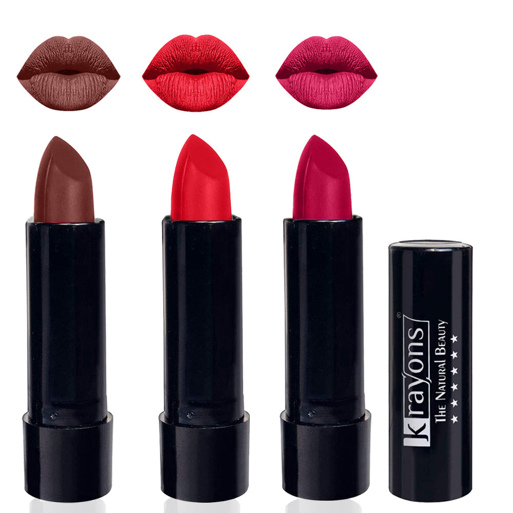 Krayons Cute Matte Lipstick, Waterproof, Longlasting, 3.5gm Each, Pack of 3 (Brick Tone, Orange Crush, Pink Lips)