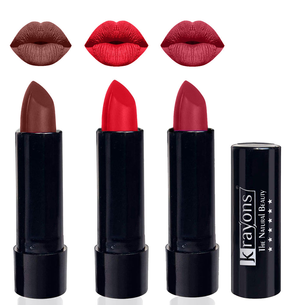 Krayons Cute Matte Lipstick, Waterproof, Longlasting, 3.5gm Each, Pack of 3 (Brick Tone, Orange Crush, Orange Tango)