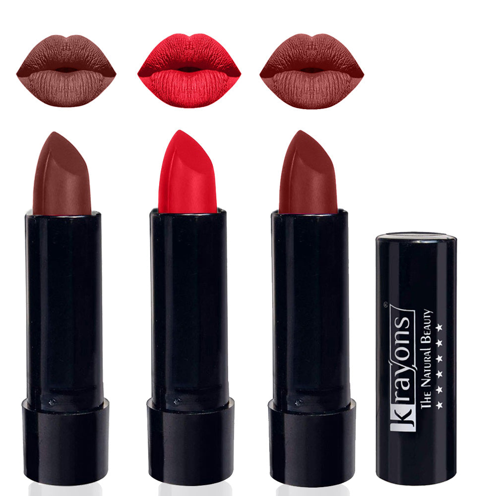 Krayons Cute Matte Lipstick, Waterproof, Longlasting, 3.5gm Each, Pack of 3 (Brick Tone, Orange Crush, Cherry Maroon)