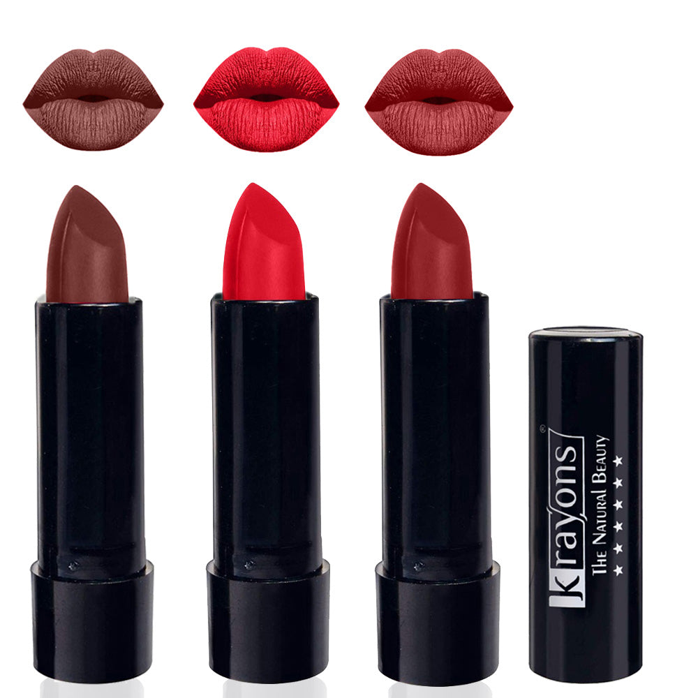 Krayons Cute Matte Lipstick, Waterproof, Longlasting, 3.5gm Each, Pack of 3 (Brick Tone, Orange Crush, Signal Red)