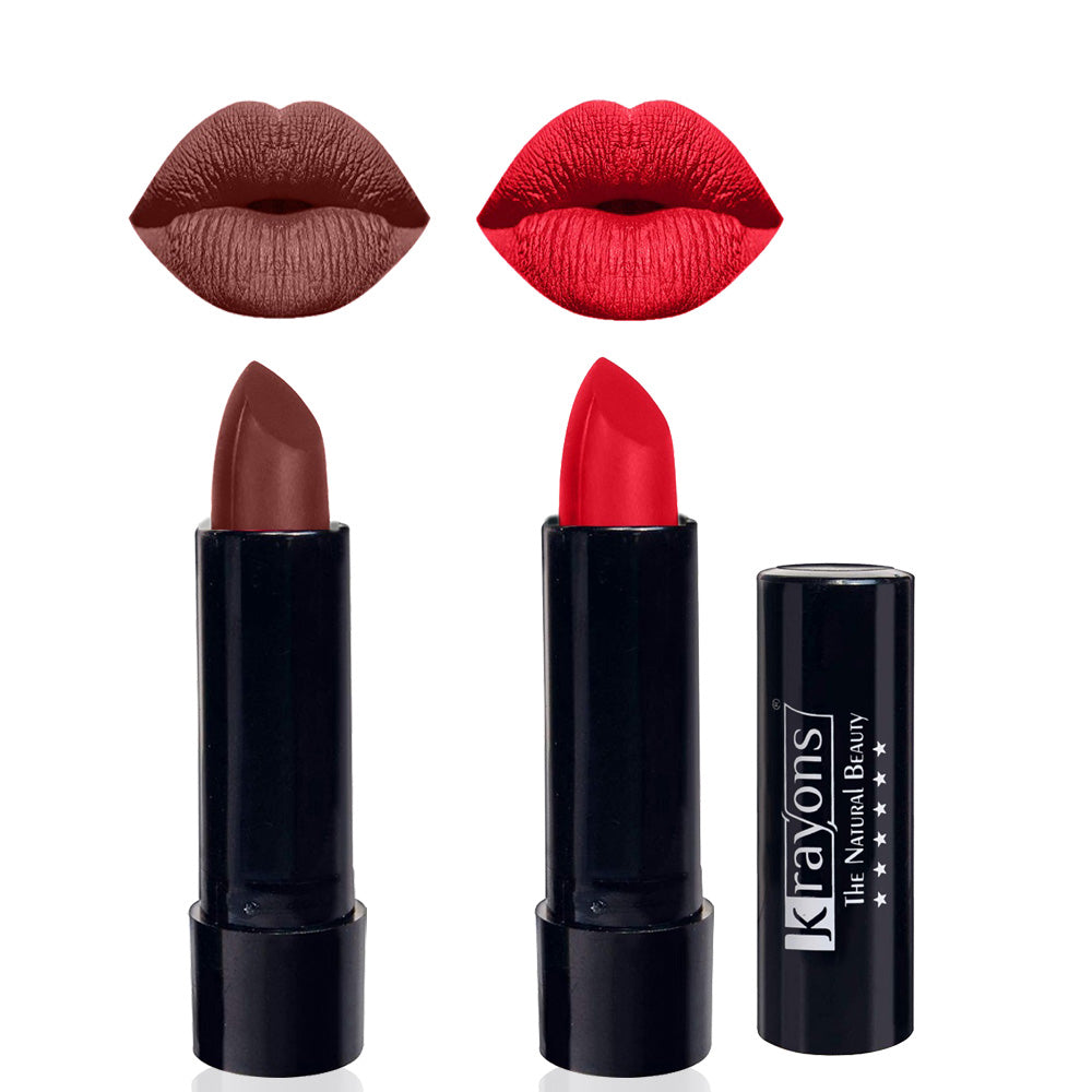 Krayons Cute Matte Lipstick, Waterproof, Longlasting, 3.5gm Each, Pack of 2 (Brick Tone, Orange Crush)