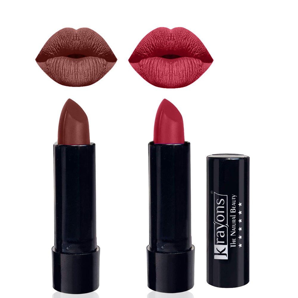 Krayons Cute Matte Lipstick, Waterproof, Longlasting, 3.5gm Each, Pack of 2 (Brick Tone, Orange Tango)