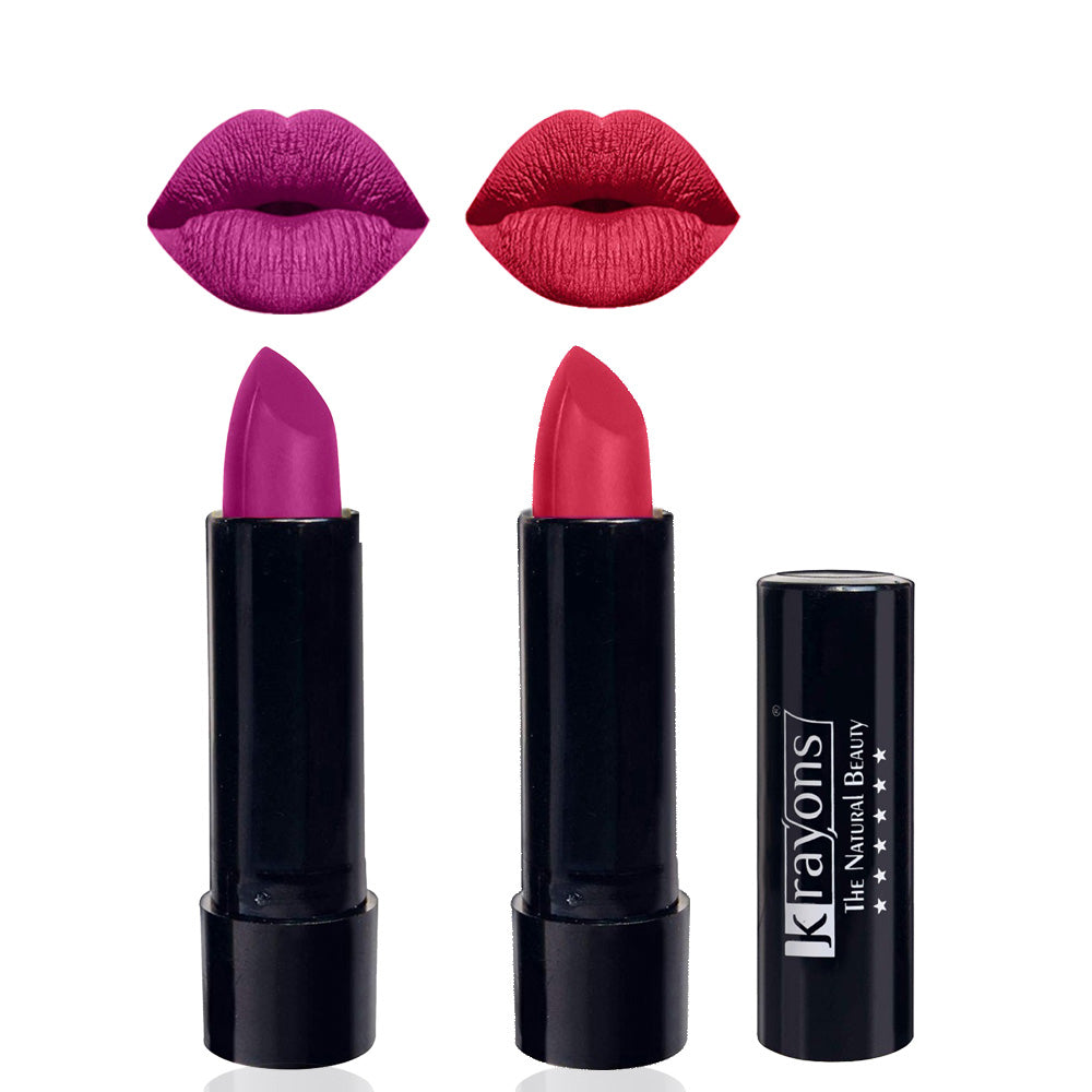 Krayons Cute Matte Lipstick, Waterproof, Longlasting, 3.5gm Each, Pack of 2 (French Rose, First Crush )