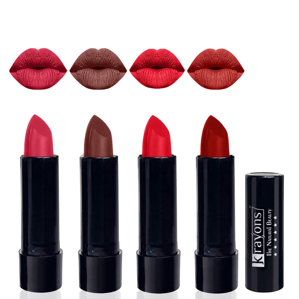Krayons Cute Matte Lipstick, Waterproof, Longlasting, 3.5gm Each, Pack of 4 (First Crush, Brick Tone, Orange Crush, Centre Stage)