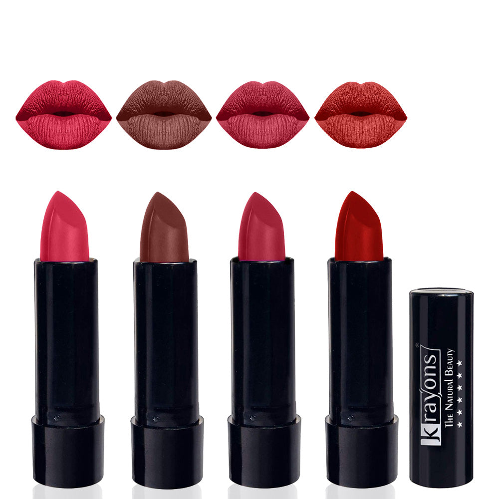 Krayons Cute Matte Lipstick, Waterproof, Longlasting, 3.5gm Each, Pack of 4 (First Crush, Brick Tone, Orange Tango, Centre Stage)