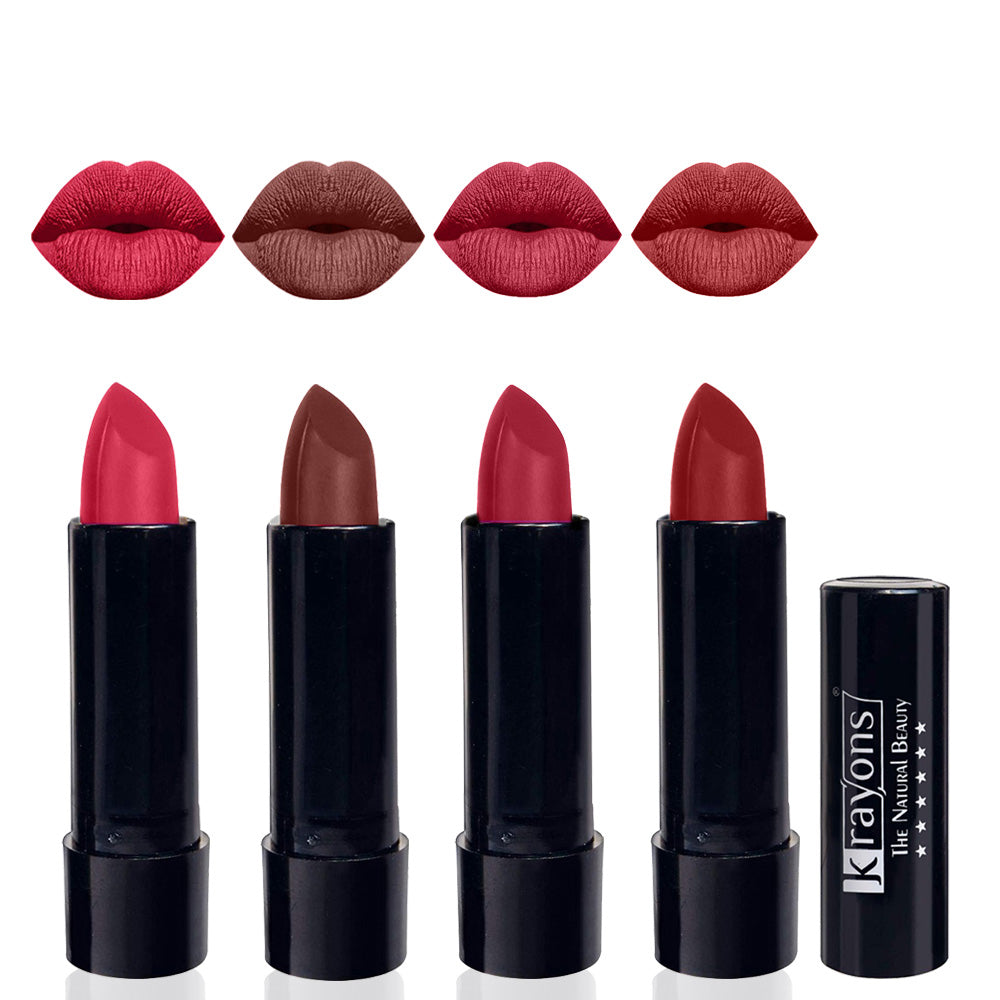 Krayons Cute Matte Lipstick, Waterproof, Longlasting, 3.5gm Each, Pack of 4 (First Crush, Brick Tone, Orange Tango, Signal Red)