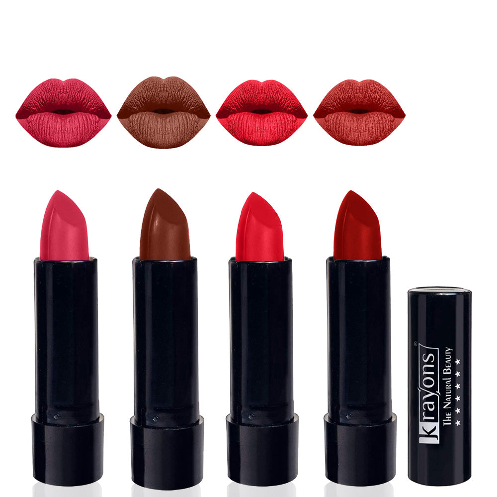 Krayons Cute Matte Lipstick, Waterproof, Longlasting, 3.5gm Each, Pack of 4 (First Crush, Chocolate Mocha, Orange Crush, Centre Stage)
