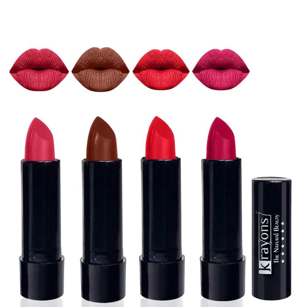Krayons Cute Matte Lipstick, Waterproof, Longlasting, 3.5gm Each, Pack of 4 (First Crush, Chocolate Mocha, Orange Crush, Pink Lips)