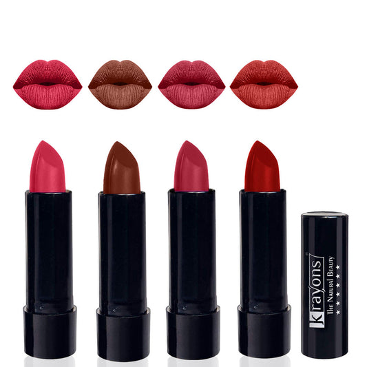 Krayons Cute  Matte Lipstick, Waterproof, Longlasting, 3.5gm Each, Pack of 4 (First Crush, Chocolate Mocha, Orange Tango, Centre Stage)