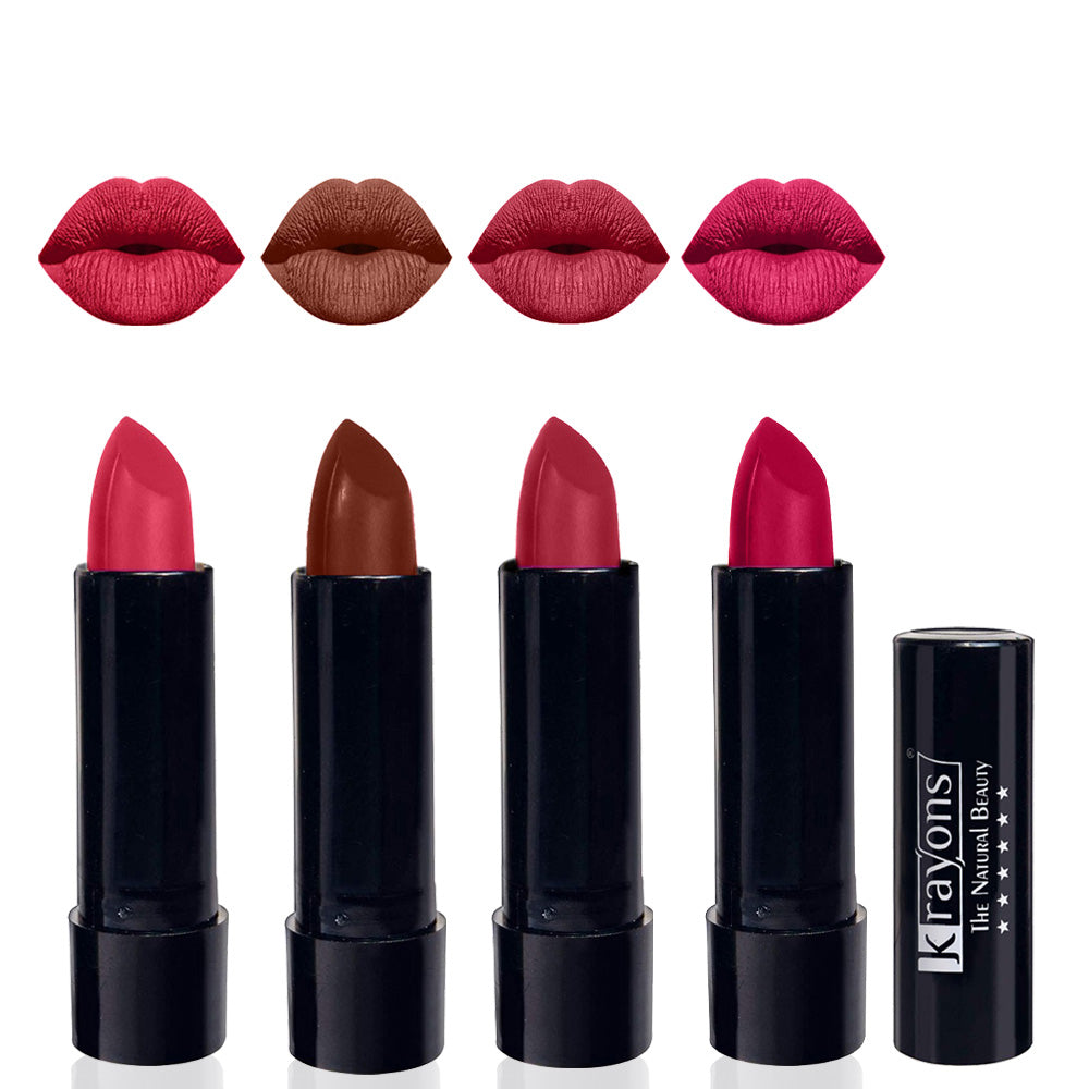 Krayons Cute Matte Lipstick, Waterproof, Longlasting, 3.5gm Each, Pack of 4 (First Crush, Chocolate Mocha, Orange Tango, Pink Lips)