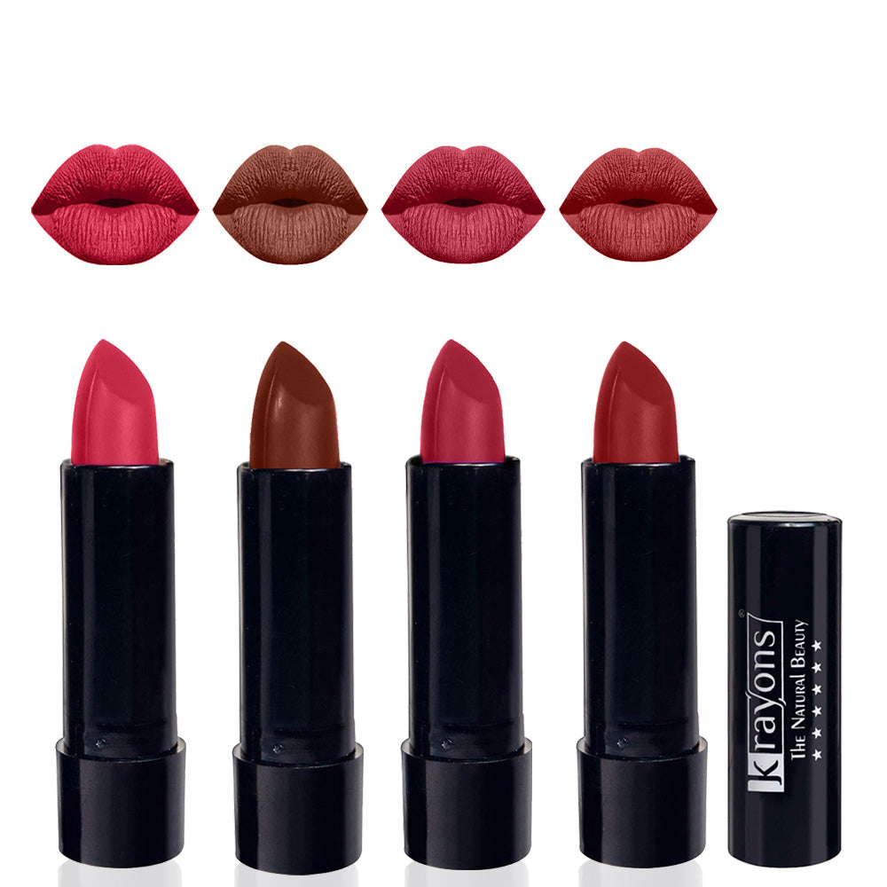 Krayons Cute Matte Lipstick, Waterproof, Longlasting, 3.5gm Each, Pack of 4 (First Crush, Chocolate Mocha, Orange Tango, Signal Red)
