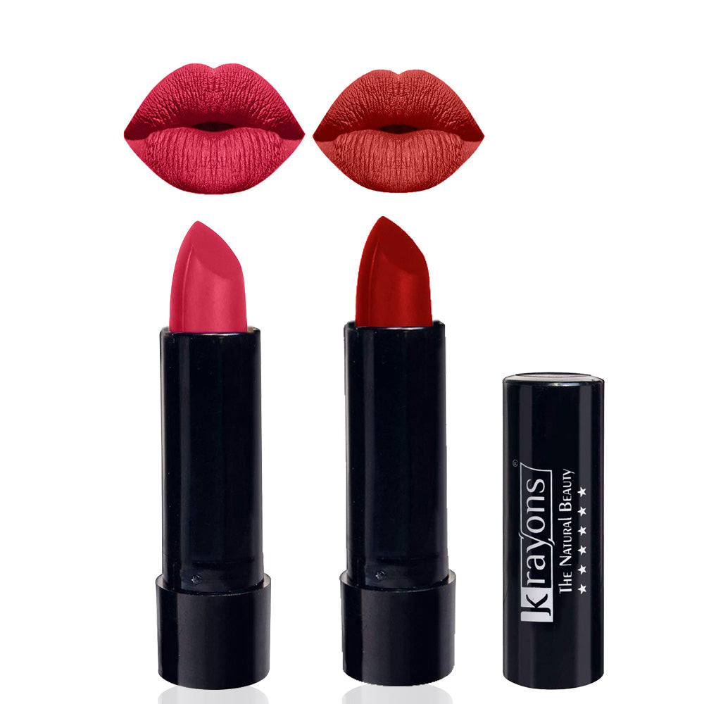 Krayons Cute Matte Lipstick, Waterproof, Longlasting, 3.5gm Each, Pack of 2 (First Crush, Centre Stage )