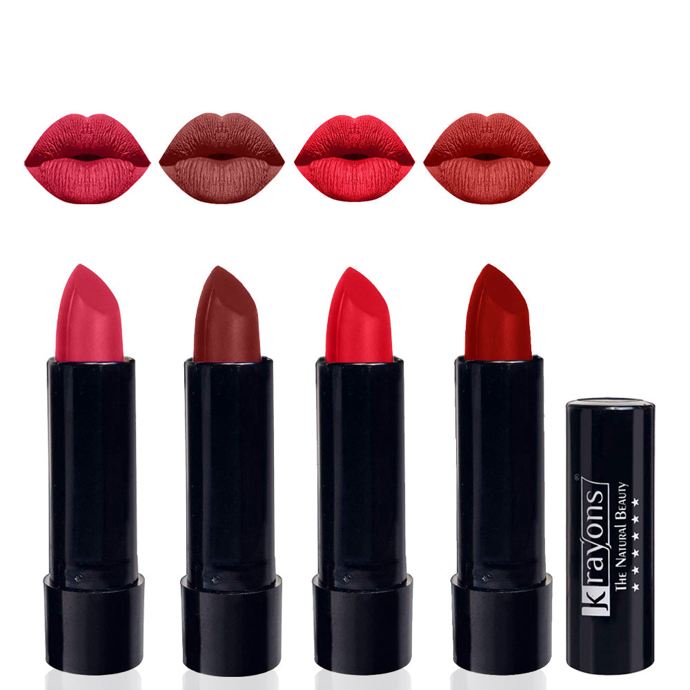 Krayons Cute Matte Lipstick, Waterproof, Longlasting, 3.5gm Each, Pack of 4 (First Crush, Cherry Maroon, Orange Crush, Centre Stage )