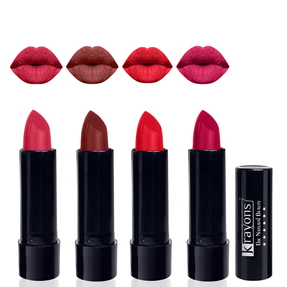 Krayons Cute Matte Lipstick, Waterproof, Longlasting, 3.5gm Each, Pack of 4 (First Crush, Cherry Maroon, Orange Crush, Pink Lips)