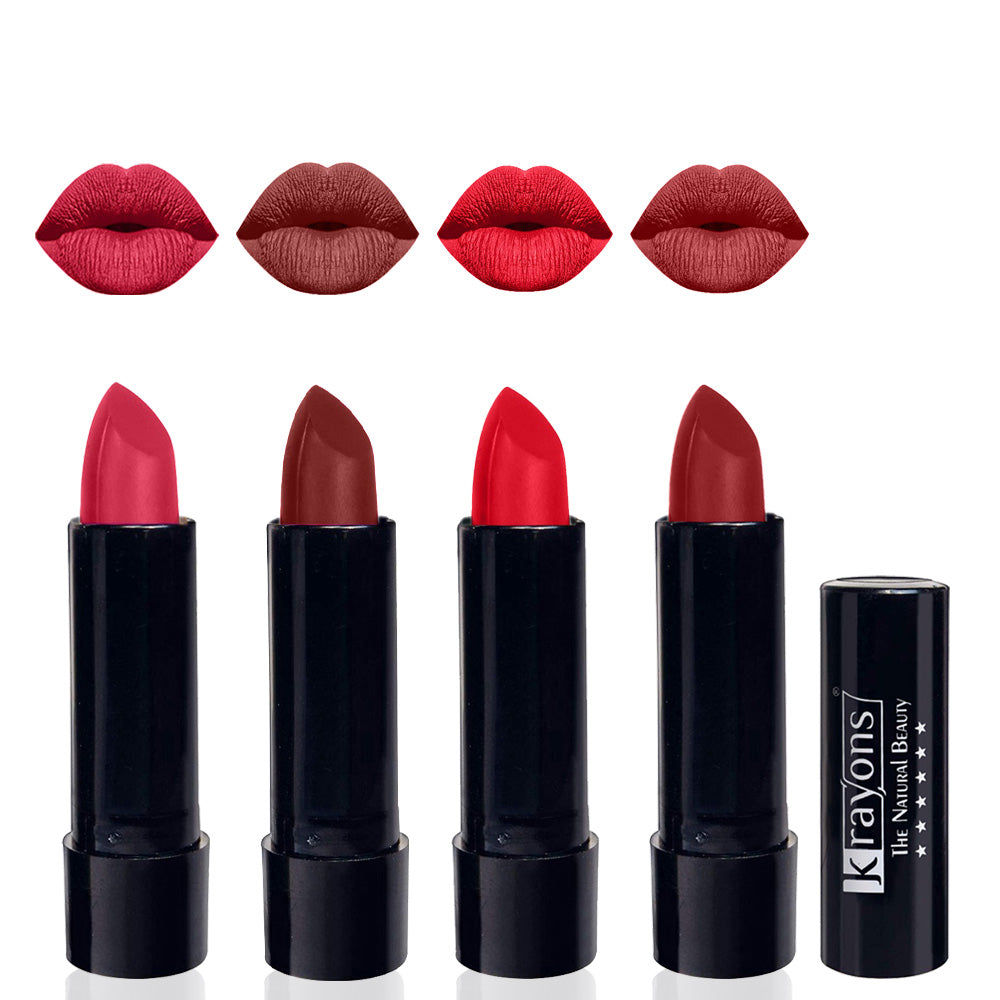 Krayons Cute Matte Lipstick, Waterproof, Longlasting, 3.5gm Each, Pack of 4 (First Crush, Cherry Maroon, Orange Crush, Signal Red)