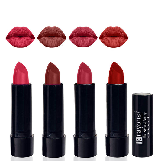 Krayons Cute  Matte Lipstick, Waterproof, Longlasting, 3.5gm Each, Pack of 4 (First Crush, Cherry Maroon, Orange Tango, Centre Stage)