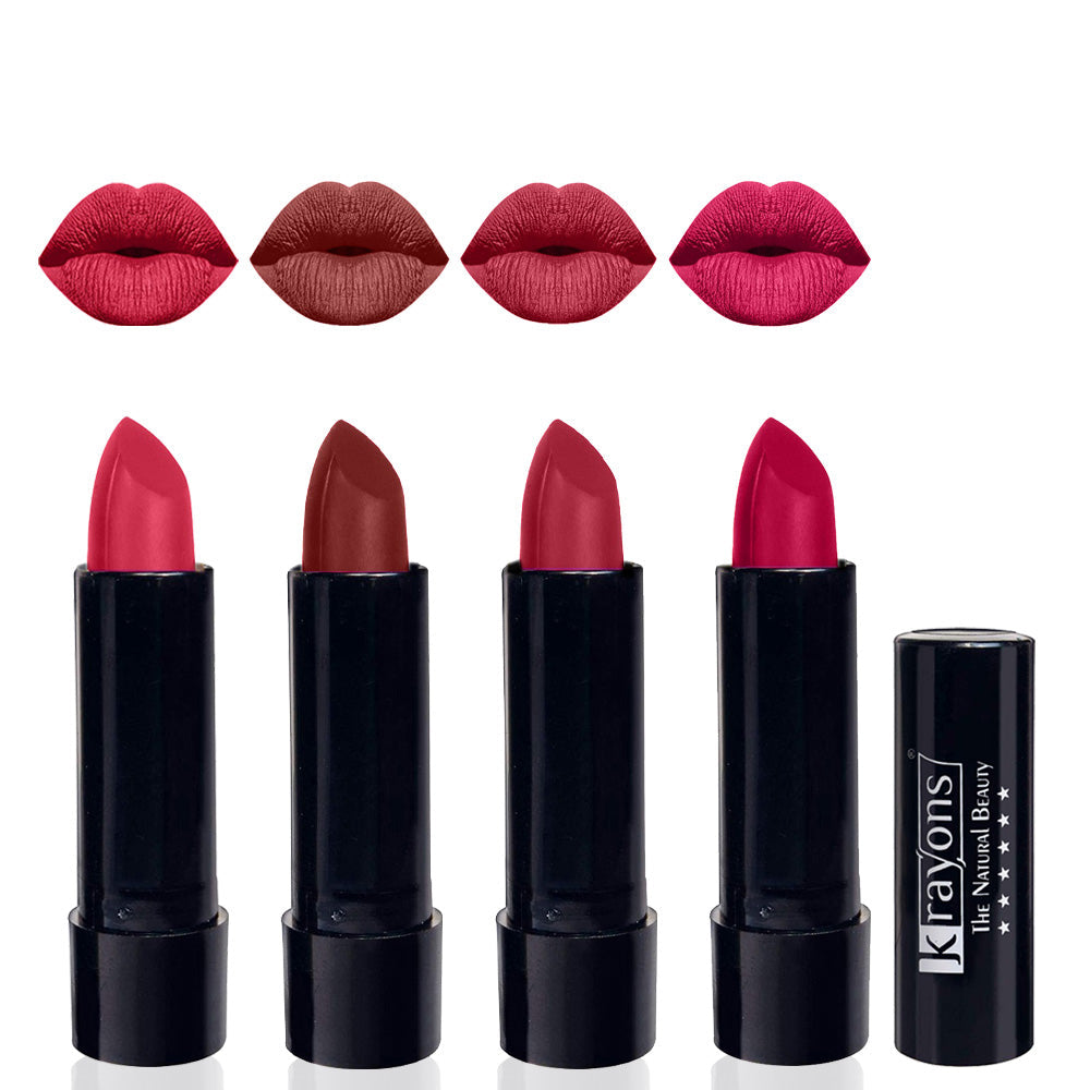 Krayons Cute Matte Lipstick, Waterproof, Longlasting, 3.5gm Each, Pack of 4 (First Crush, Cherry Maroon, Orange Tango, Pink Lips)