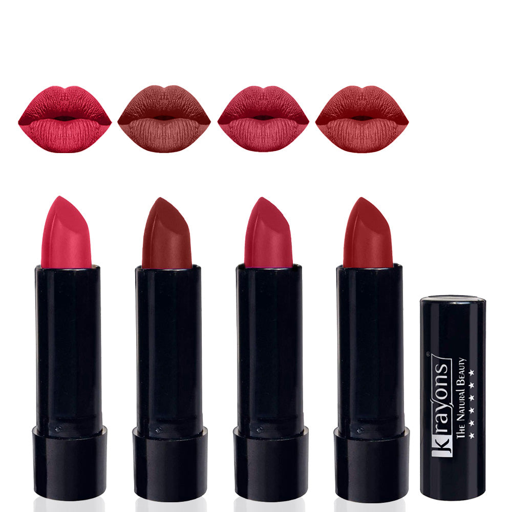 Krayons Cute Matte Lipstick, Waterproof, Longlasting, 3.5gm Each, Pack of 4 (First Crush, Cherry Maroon, Orange Tango, Signal Red)