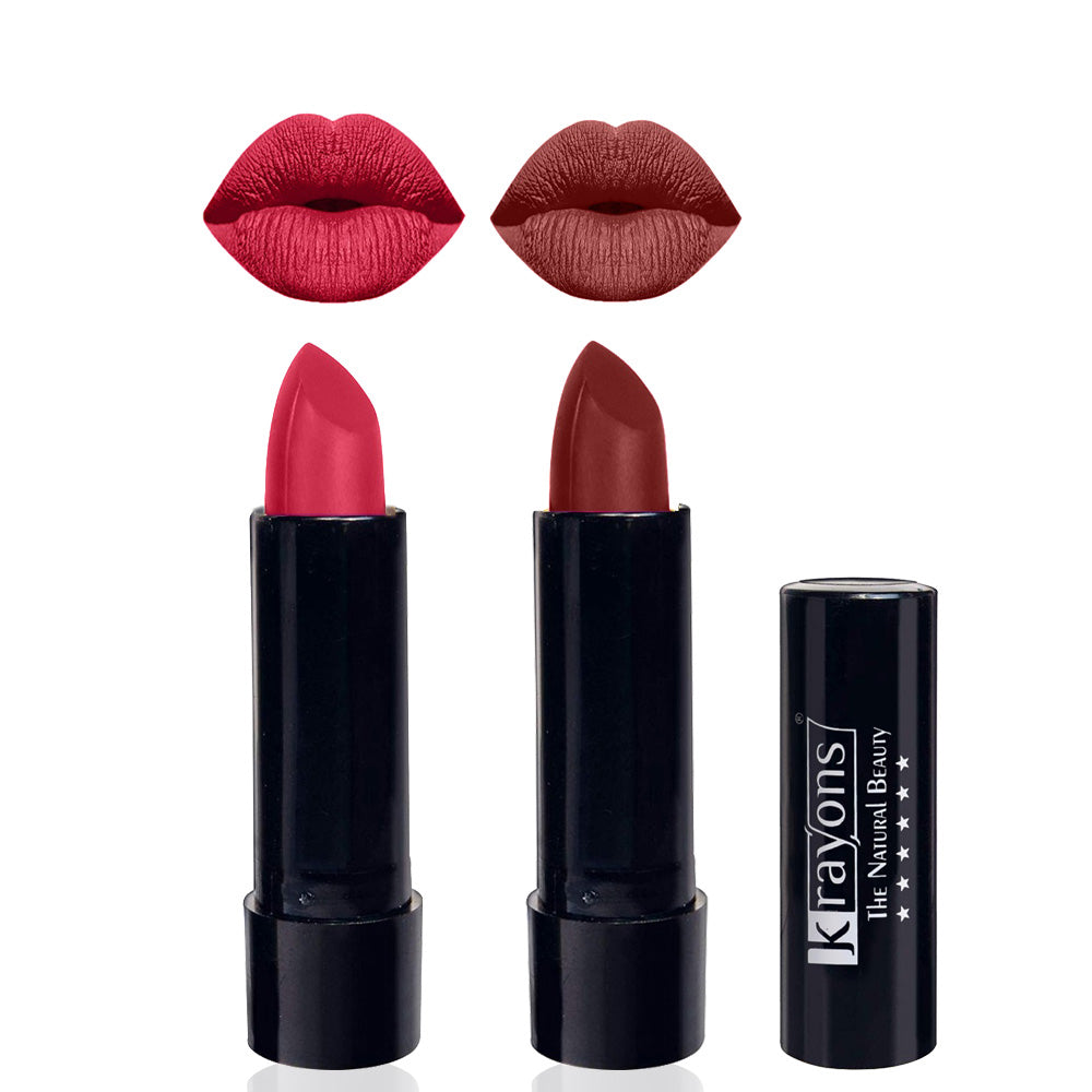 Krayons Cute Matte Lipstick, Waterproof, Longlasting, 3.5gm Each, Pack of 2 (First Crush, Cherry Maroon)