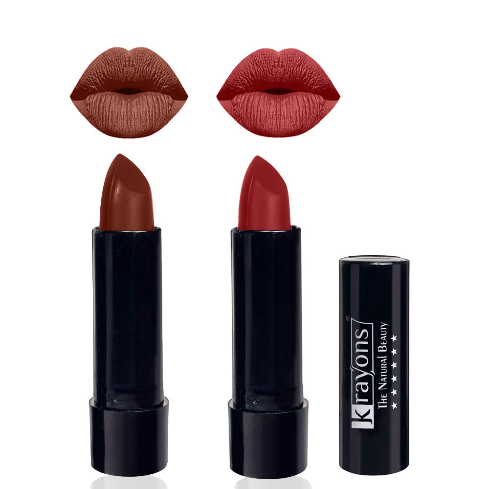 Krayons Cute Matte Lipstick, Waterproof, Longlasting, 3.5gm Each, Pack of 2 (Chocolate Mocha, Signal Red)
