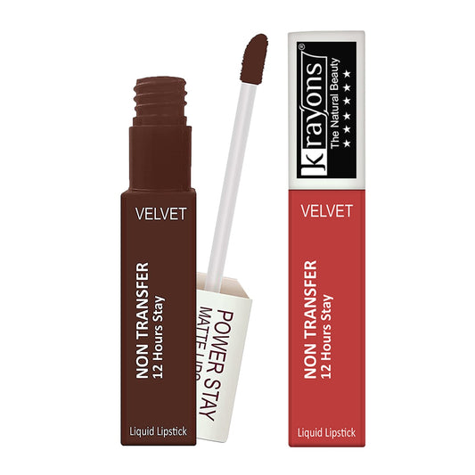 Krayons Power Stay Nontransfer 12hrs Stay Matte Liquid Lipstick, Mask Proof, 4ml Each, Combo, Pack of 2 (Caramel, Burnt Orange)