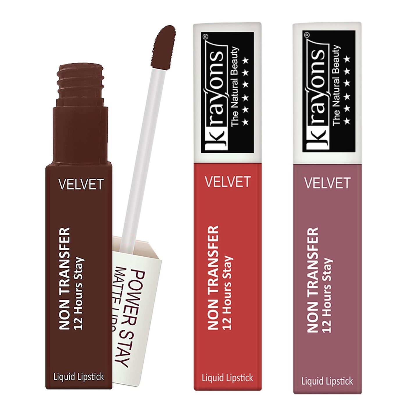 Krayons Power Stay Nontransfer 12hrs Stay Matte Liquid Lipstick, Mask Proof, 4ml Each, Combo, Pack of 3 (Caramel, Burnt Orange, Mauve Glaze )