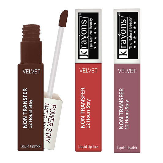 Krayons Power Stay Nontransfer 12hrs Stay Matte Liquid Lipstick, Mask Proof, 4ml Each, Combo, Pack of 3 (Caramel, Burnt Orange, Mauve Glaze )
