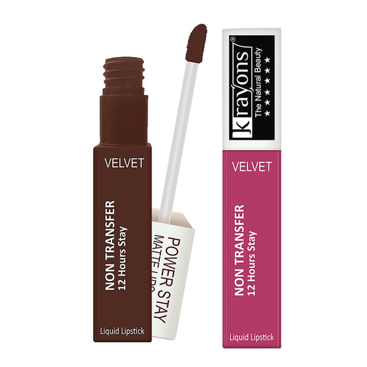 Krayons Power Stay Nontransfer 12hrs Stay Matte Liquid Lipstick, Mask Proof, 4ml Each, Combo, Pack of 2 (Caramel, Pink glam)
