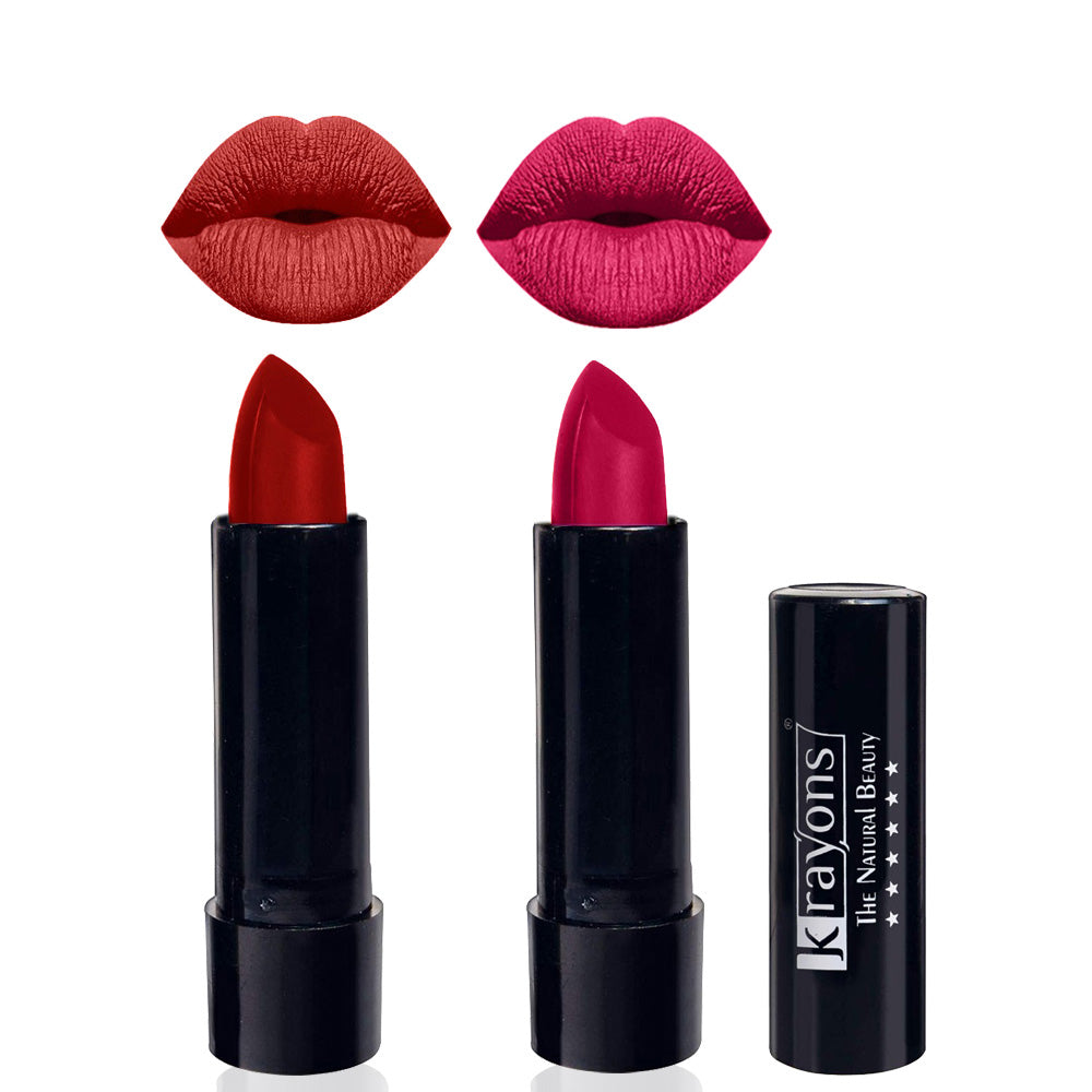 Krayons Cute Matte Lipstick, Waterproof, Longlasting, 3.5gm Each, Pack of 2 (Centre Stage, Pink Lips)