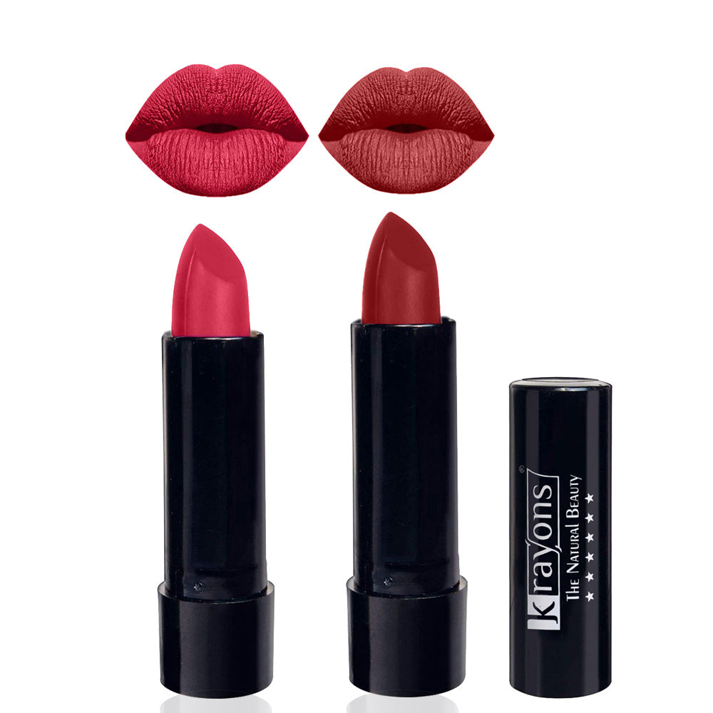 Krayons Cute Matte Lipstick, Waterproof, Longlasting, 3.5gm Each, Pack of 2 (Pink Lips, Signal Red)
