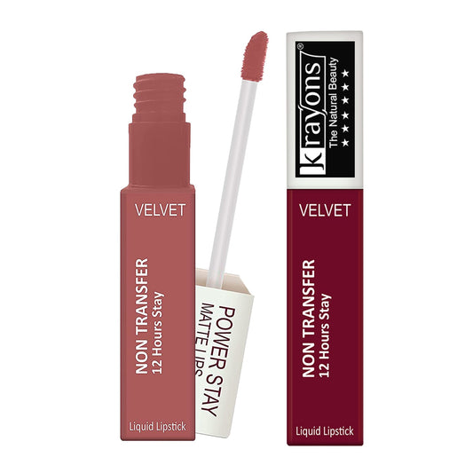 Krayons Power Stay Nontransfer 12hrs Stay Matte Liquid Lipstick, Mask Proof, 4ml Each, Combo, Pack of 2 (Wow Nude, Maroon Magic)
