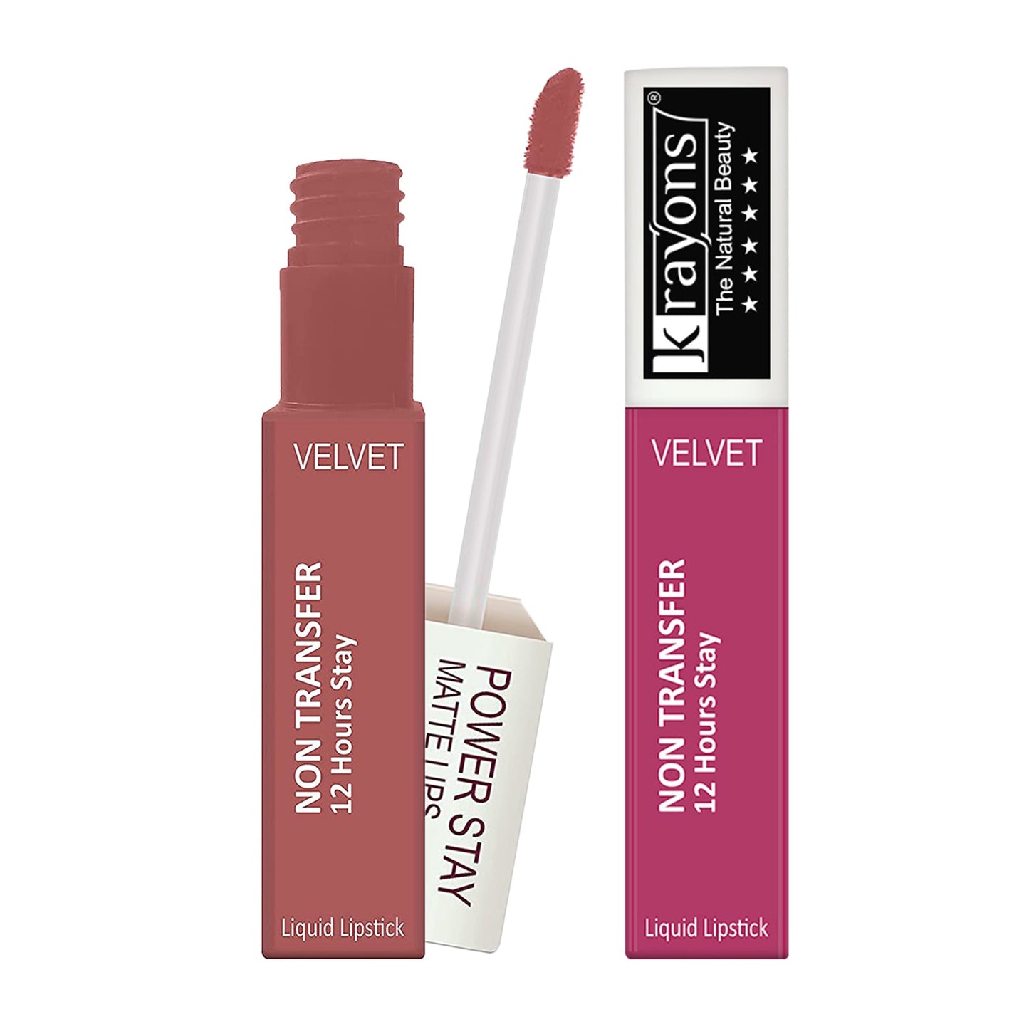 Krayons Power Stay Nontransfer 12hrs Stay Matte Liquid Lipstick, Mask Proof, 4ml Each, Combo, Pack of 2 (Wow Nude, Pink glam)