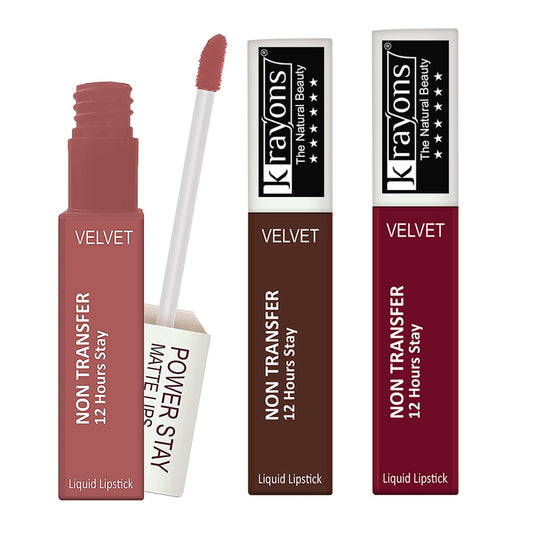 Krayons Power Stay Nontransfer 12hrs Stay Matte Liquid Lipstick, Mask Proof, 4ml Each, Combo, Pack of 3 ( Wow Nude, Caramel, Maroon Magic)