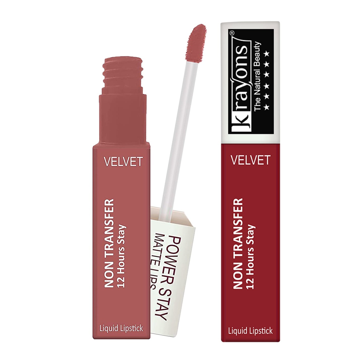 Krayons Power Stay Nontransfer 12hrs Stay Matte Liquid Lipstick, Mask Proof, 4ml Each, Combo, Pack of 2 (Wow Nude, Red Rush)
