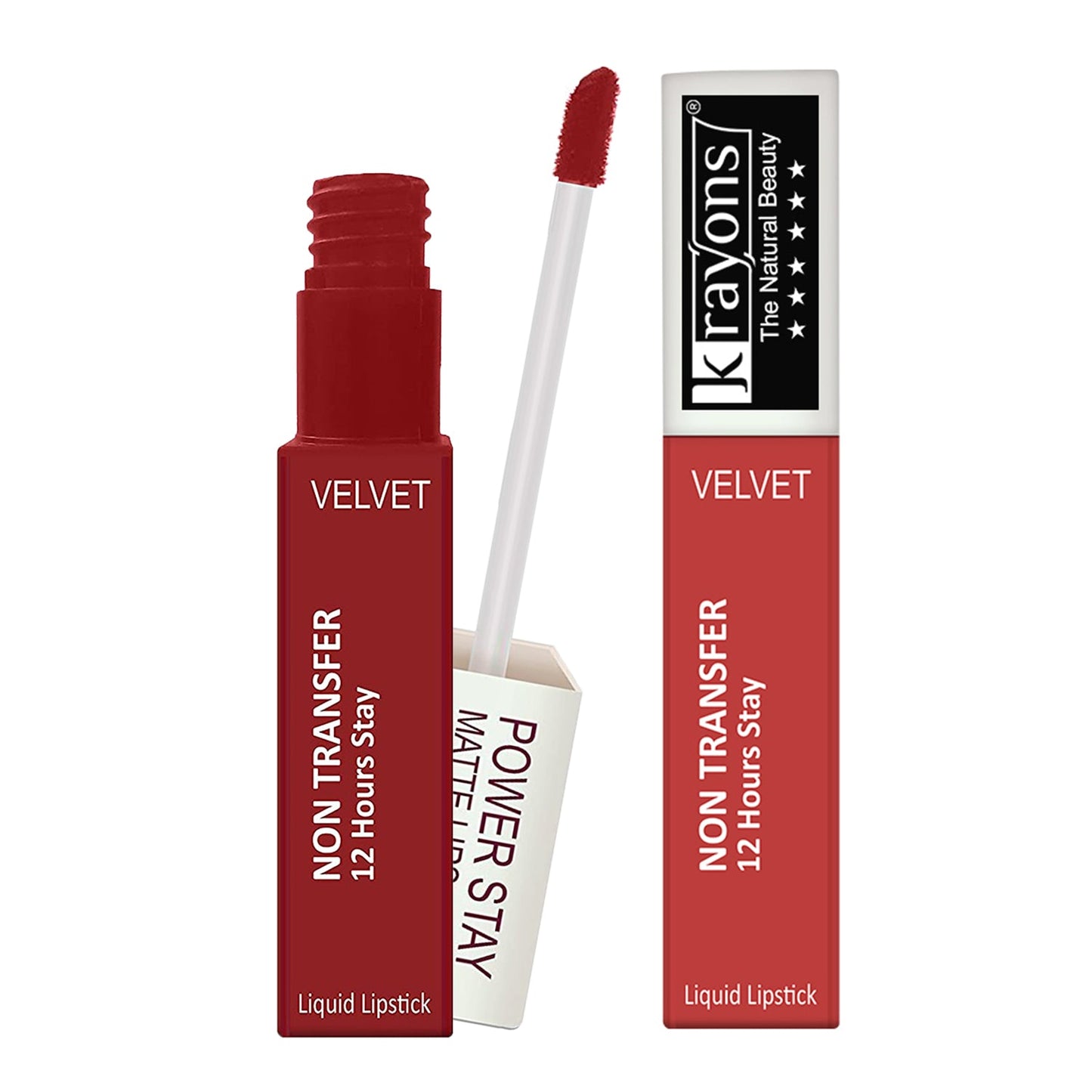 Krayons Power Stay Nontransfer 12hrs Stay Matte Liquid Lipstick, Mask Proof, 4ml Each, Combo, Pack of 2 (Burnt Orange, Red Rush)