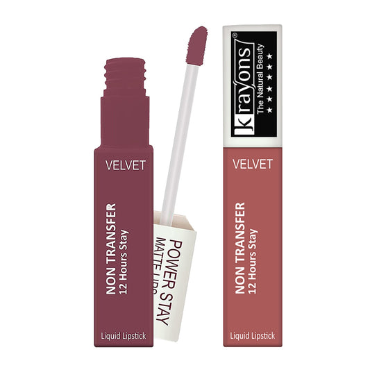 Krayons Power Stay Nontransfer 12hrs Stay Matte Liquid Lipstick, Mask Proof, 4ml Each, Combo, Pack of 2 (Wow Nude, Mauve Glaze)