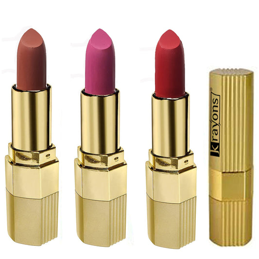 Krayons Desire Matte Lipstick, Highly Pigmented, Longlasting, 3.5g Each, Combo, Pack of 3 (Caramel Brown, Pink Mulbery, Scarlet Red)