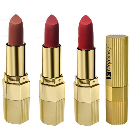 Krayons Desire Matte Lipstick, Highly Pigmented, Longlasting, 3.5g Each, Combo, Pack of 3 (Caramel Brown, Scarlet Red, Garnet Red)