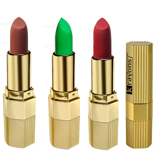 Krayons Desire Lipstick, Highly Pigmented, Longlasting, 3.5g Each, Combo, Pack of 3 (Caramel Brown, Scarlet Red, Magic Pink)